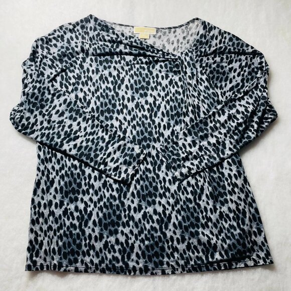 Michael Kors Womens Gray & Black Pleated Detail Leopard Print Blouse Top Size 2X - Picture 1 of 8